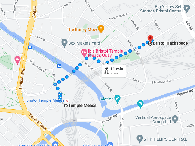 a map of the walking route from Bristol Temple Meads station to the Bristol Hackspace